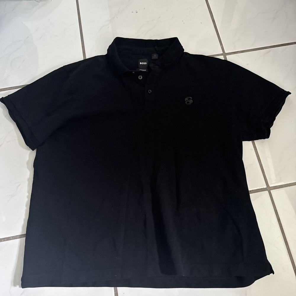 Hugo Boss Polo Shirt 22x24 L-XL Black Mercerised Cotton Short Sleeve Monogram